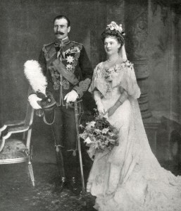Princess Alice of Albany, later Countess of Athlone (1883-1981) and Prince Alexander of Teck, later Alexander Cambridge 1st Earl of Athlone (1874-1957) photographed on their wedding day. The wedding took place on 10 February 1904 at St George's Chapel in Windsor.