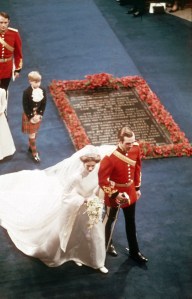 The Marriage of Princess Anne to Mark Phillips, a Lieutenant in the 1st Queen's Dragoon Guards, at Westminster Abbey on 14th November 1973. The couple pass the Tomb of the Unknown Soldier followed by Prince Edward and Lady Sarah Armstrong Jones (brother and cousin)