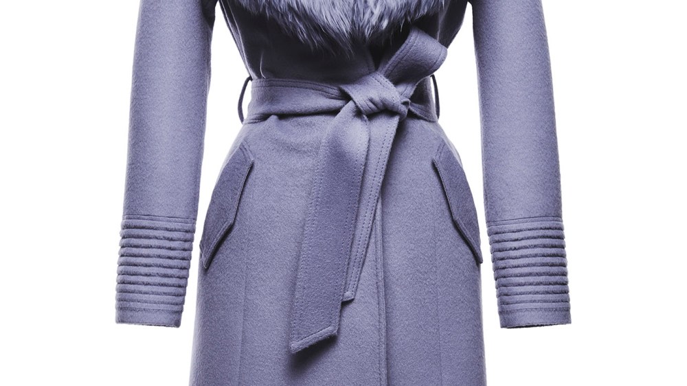 A Sentaler coat in lilac with fur collar.