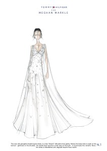 Tommy Hilfiger sees Meghan Markle two ways: in a languid Empire style with V-neckline or a more covered satin gown with deep lace border.