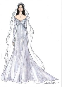 Veronica Etro plays to Meghan MarkleÕs sophisticated side with a refined Empire-line gown and lace-edged veil held in place with a stately tiara.