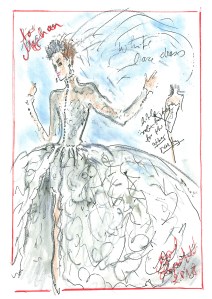 What will she wear? As the big day approaches, that’s the biggest question of all. Here, Karl Lagerfeld’s stunner for Chanel, regal and refined, the skirt cut away
for a soupçon of seduction.