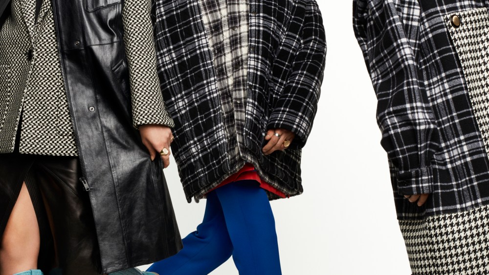 On Left: Givenchy's acetate and polyamide bodysuit, lamb leather skirt, wool jacket and lamb leather coat. Fendi boots; Laruicci earrings; Foundrae necklace and rings; Established key necklace and rings, and El Seor skateboard necklace.