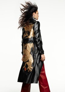 ValentinoÕs leather coat over AlixÕs jersey bodysuit and FerragamoÕs leather pants. Tom Ford earring, Retrouvai peace ring and APC ring.