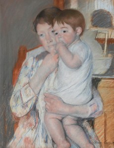 Mary Cassatt, Woman and child in front of a tablet where a pitcher and a bowl are placed, 1893.
