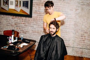 Josh Groban tries on suits for the 2018 Tony Awards.  Photographed by Nina Westervelt