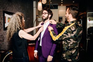 Josh Groban tries on suits for the 2018 Tony Awards.  Photographed by Nina Westervelt