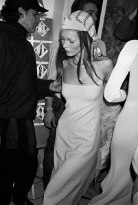Kate Moss in her cap backstage at Marc JacobsÕ Spring 1993 collection for Perry Ellis.