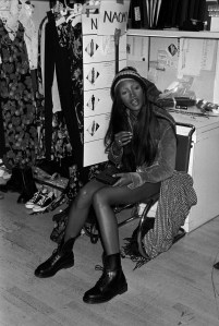Naomi Campbell relaxes backstage at Marc JacobsÕ Spring 1993 collection for Perry Ellis.