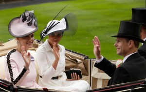 Prince Harry and Meghan, Duchess of Sussex, arrives at the parade ring with Prince Edward, Earl of Wessex, and Sophie, Countess of Wessex, for the Royal Ascot