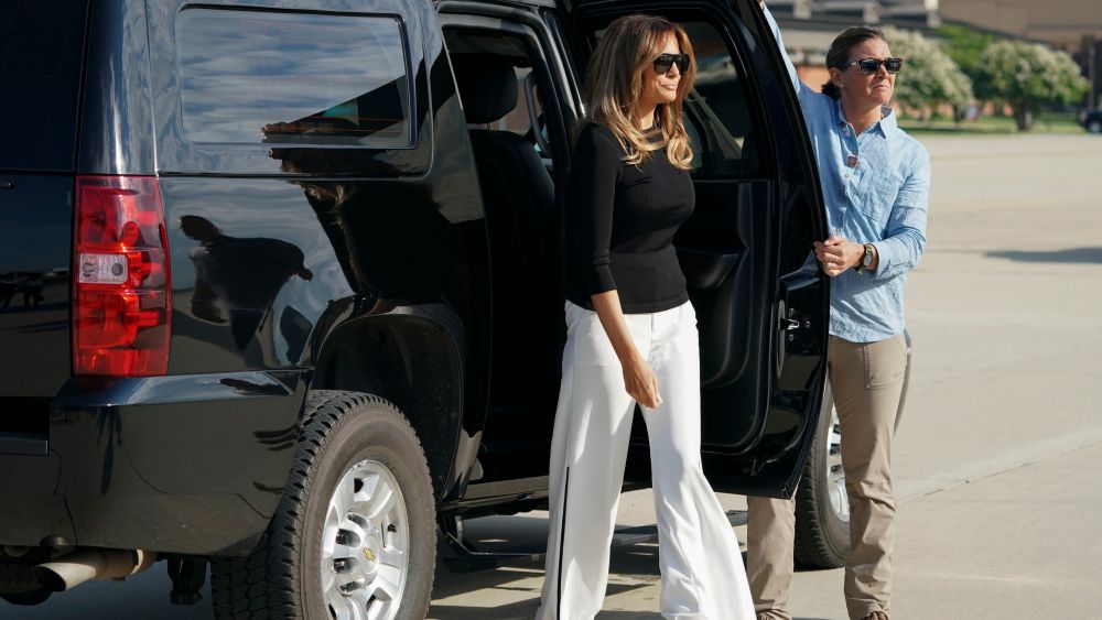 First lady Melania Trump arrives on the tarmac to board an airplane at Andrews Air Force Base, Md., . The first lady is traveling to Arizona to view additional immigration facilitiesMelania Trump, Andrews Air Force Base, USA - 28 Jun 2018