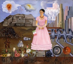 CH991362 Self Portrait on the Border between Mexico and the United States of America, 1932 (oil on tin) by Kahlo, Frida (1907-54); 31x35 cm; Private Collection; (add.info.: Self Portrait on the Border between Mexico and the United States of America; Autorretrato en la Frontera entre Mexico y los Estados Unidos. Frida Kahlo (1910-1954). Oil on tin. Signed and dated 1932. 31 x 35cm.); Photo © Christie's Images; Mexican, in copyrightPLEASE NOTE: This image is protected by the artist's copyright which needs to be cleared by you. If you require assistance in clearing permission we will be pleased to help you.