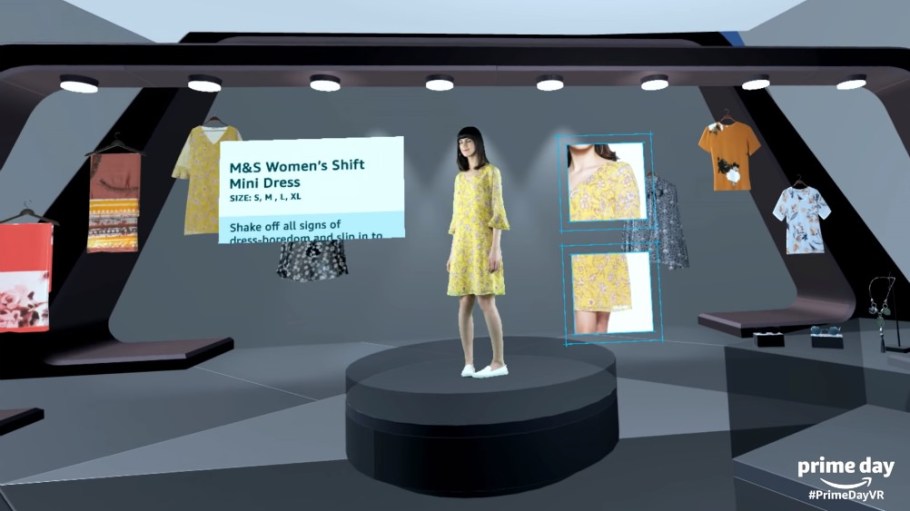 Amazon India's virtual reality mall kiosks show off products available in the Prime Day sale.