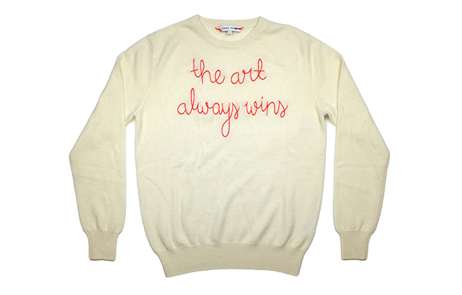 One of Lingua Franca NYC's sweaters with Ai Weiwei's sayings.