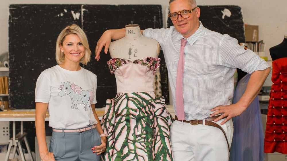 Giles Deacon in his studio with Aspinal of London creative director Mariya Dykalo