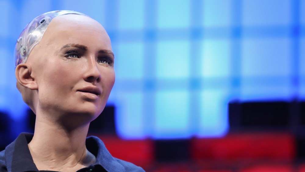 Sophia the humanoid robot that just became a 'robot citizen of Saudi Arabia' speaks during the second day the 7th Web Summit in Lisbon, Portugal, 07 November 2017. The annual technology and internet conference attracts over 60,000 attendees from more than 100 countries, according to the organizers.7th Web Summit Lisbon, Portugal - 07 Nov 2017