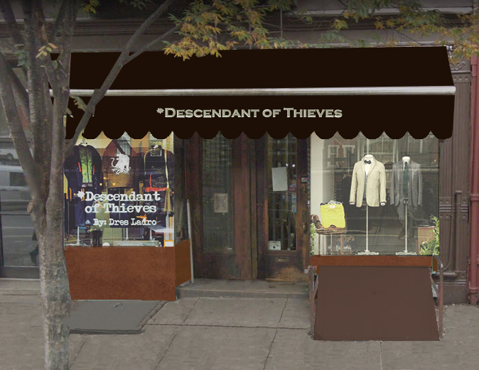 A rendering of the Descendant of Thieves storefront.