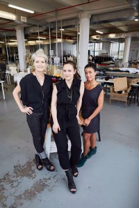 Left to right: Designer Malia Mills who hosts the Course of Trade training program in sewing for the apparel sector in her Brooklyn NY headquarters; Libby Mattern Founder of Course of Trade and Production Director, Swimwer and Ready-to-Wear for Malia Mills; Laura Marin, recent graduate of Course of Trade.