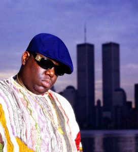 Notorious BIG standing in front of the former World Trade Center