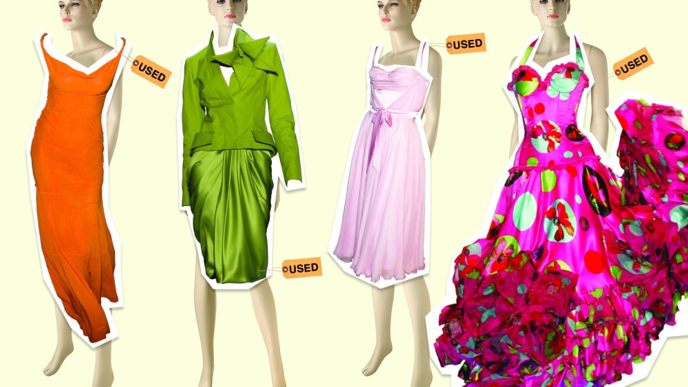 Stylish women dress themselves in fashionable, pre-worn clothing.