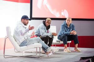 Ronnie Fieg, Jaden Smith and Jeff Staple speaking at the Assembly Las Vegas conference in February.
