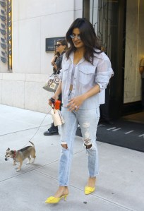 priyanka chopra street style, engagement ring, yellow mules, dog walking