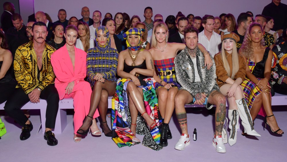 Luke Evans, Rosie Huntington-Whiteley, Rita Ora, Nicki Minaj, Chiara Ferragni, Fedez, Sabrina Carpenter and Leona Lewis in the front rowVersace show, Front Row, Spring Summer 2019, Milan Fashion Week, Italy - 21 Sep 2018