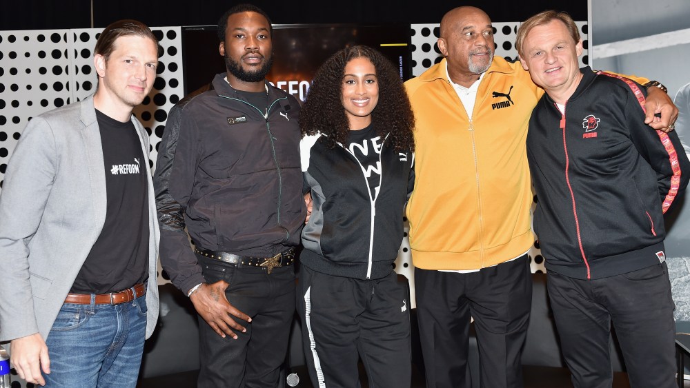 ATLANTA, GA - OCTOBER 06:  (L-R) Adam Petrick, Meek Mill, Skylar Diggins-Smith, Tommie Smith and Bjorn Gulden attend the PUMA #Reform To Drive Social Change launch at Atlanta History Center on October 6, 2018 in Atlanta, Georgia.  (Photo by Moses Robinson/Getty Images for PUMA)