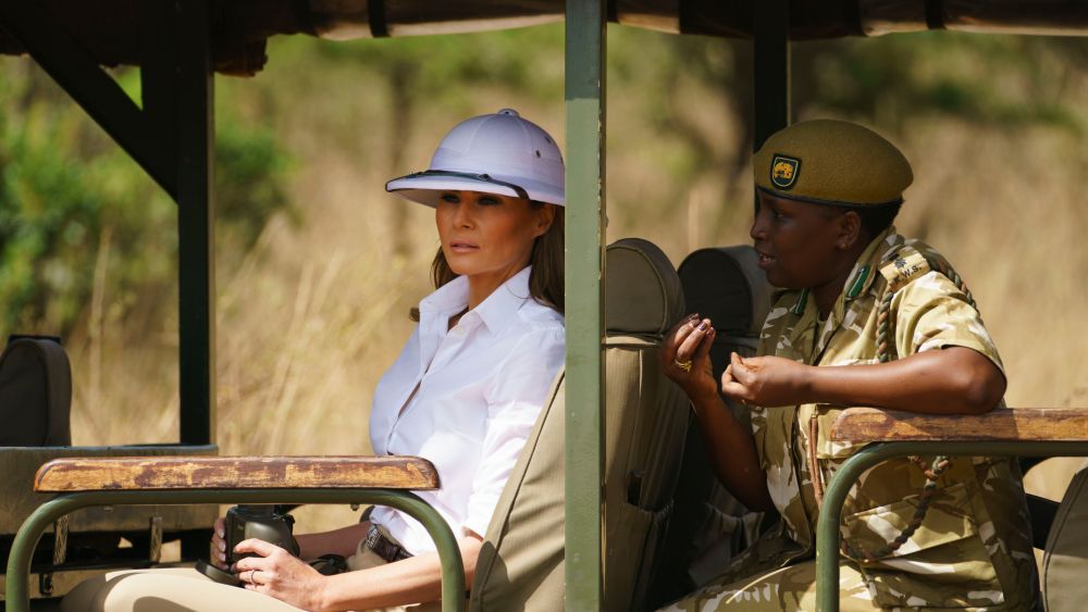 Melania Trump, Nelly Palmeris. First lady Melania Trump looks out over Nairobi National Park in Nairobi, Kenya, during a safari guided by Nelly Palmeris, right. Mrs. Trump is visiting Africa on her first big solo international tripMelania Trump Africa, Nairobi, Kenya - 05 Oct 2018