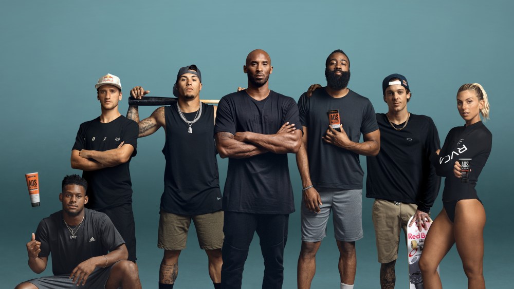 Art of Sport's athlete ambassadors (l-r) JuJu Smith-Schuster, Ken Roczen, Javier Baez, James Harden, Ryan Sheckler and Sage Erickson, with founding partner Kobe Bryant (center)