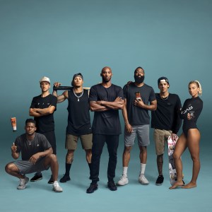 Art of Sport's athlete ambassadors (l-r) JuJu Smith-Schuster, Ken Roczen, Javier Baez, James Harden, Ryan Sheckler and Sage Erickson, with founding partner Kobe Bryant (center)