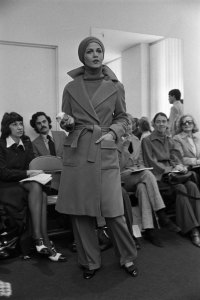 A model in the Bill Blass Ready to Wear Fall 1972 show at  Bill Blas' showroom at 550 Seventh Avenue.