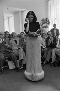 A model in the Bill Blass Ready to Wear Fall 1972 show at  Bill Blas' showroom at 550 Seventh Avenue.