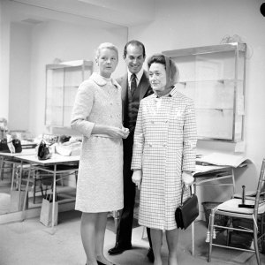 Cropped for publication;  The Duchess of Windsor and a guest with Oscar de La Renta at his showroom at 550 Seventh Avenue.
