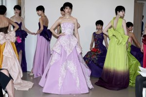 Models on the runway at Oscar de la Renta's pre-fall 2014 show at the designer's showroom at 550 Seventh Avenue.