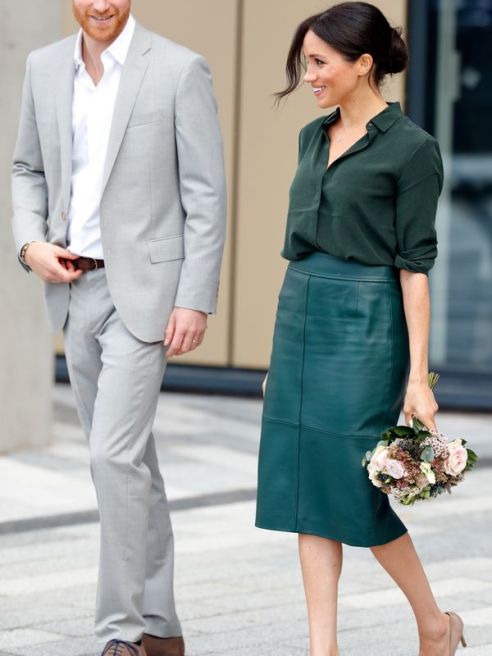 Meghan Markle in lambskin pencil skirt.