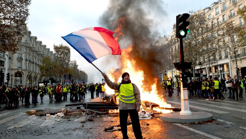 Clashes broke out between crowds and police on the Champs Élysées in the second weekend of demonstrations.'Gilets Jaunes' protest against rising fuel prices, Paris, France - 24 Nov 2018Thousands had travelled from across France to show their anger at the French president, Emmanuel Macron, and the government. The interior minister, Christophe Castaner, said 8,000 protesters had arrived in Paris by mid-morning, 5,000 of them on the Champs Élysées, which had been closed off.