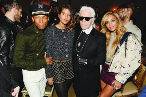 Pharrell Williams with Helen Lasichanh, Karl Lagerfeld and Beyonce, 2015.