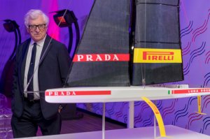 Patrizio Bertelli and a model of the new Luna Rossa AC75