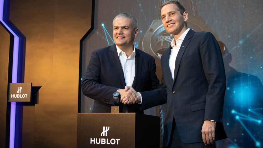 Hublot ceo Ricardo Guadalupe and OSL ceo Wayne Trench launch the Hublot Big Bang Meca-10 P2P