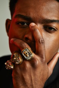 Dunhill's leather jacket, silk jacket and shirt. Alexander McQueen rings.