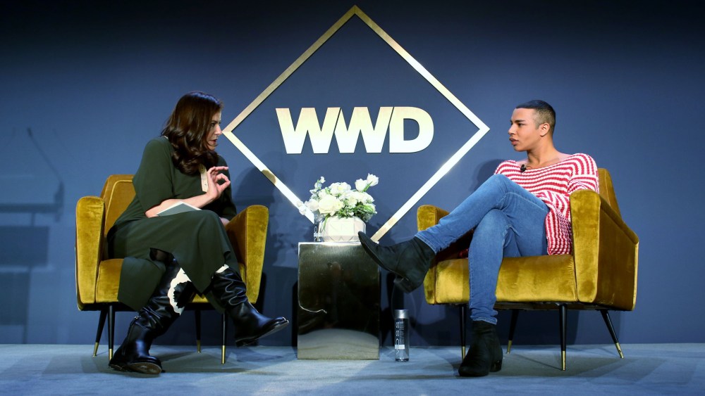 Bridget Foley and Olivier Rousteing at the WWD Apparel and Retail CEO Summit