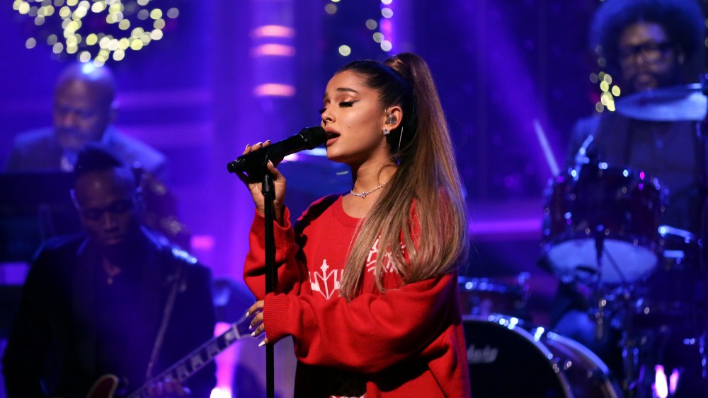 THE TONIGHT SHOW STARRING JIMMY FALLON -- Episode 0984 -- Pictured: Musical guest Ariana Grande performs with The Roots on December 18, 2018 -- (Photo by: Andrew Lipovsky/NBC/NBCU Photobank)
