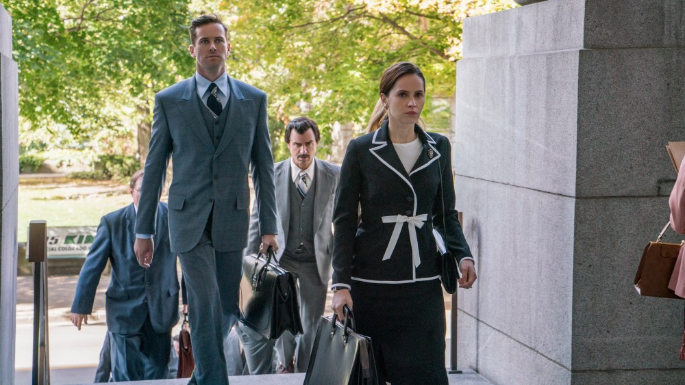 Armie Hammer as Marty Ginsburg, Justin Theroux as Melvin Wulf, and Felicity Jones as Ruth Bader Ginsburg in "On The Basis of Sex."