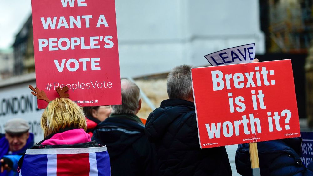 Anti-Brexit supporters demonstrate outside the Houses of Parliament as MPs debated Theresa May's Brexit deal.