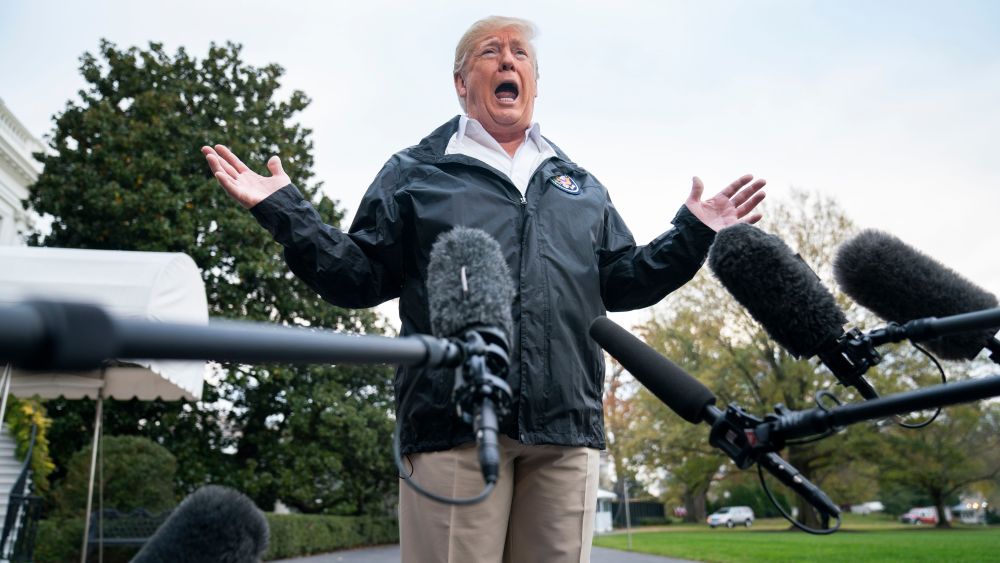 U.S. President Donald J. Trump speaks to the media before he departs the White House for California, where he is scheduled to view damage from that state's wildfires, in Washington, DC, USA, 17 November 2018. Seventy-four people have been killed and more than 1,000 people are missing due to multiple devastating fires across the state. The President spoke about the investigation into Jamal Khashoggi's murder, the Mueller investigation, and the migrant caravan approaching the southern border.Trump speaks before departing White House to view wildfire damage in California, Washington, USA - 17 Nov 2018