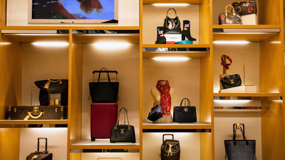 Louis Vuitton SE bags sit on display at the Macy's Inc. flagship store in New York,