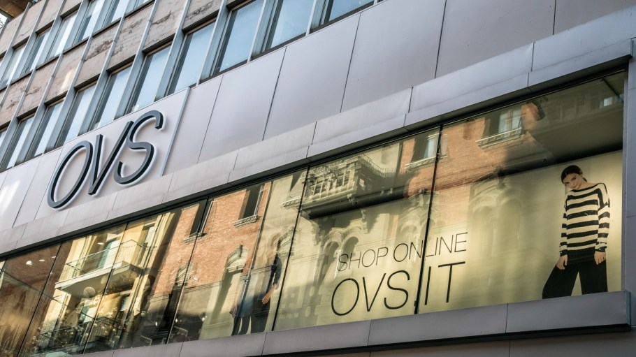 A logo stands on a OVS SpA fashion retail store in Pisa, Italy