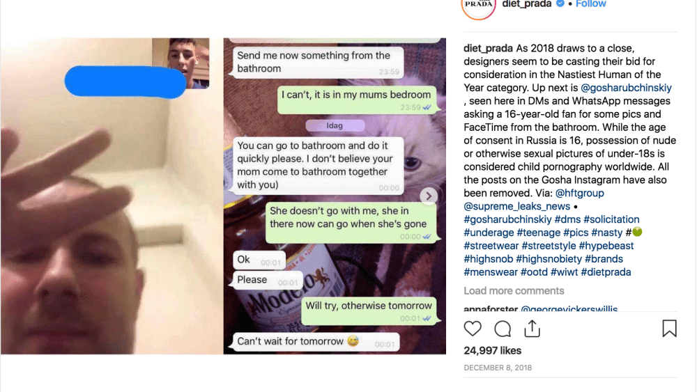 Screenshots of a private conversation between Gosha Rubchinskiy and a fan were leaked to the Diet Prada Instagram account