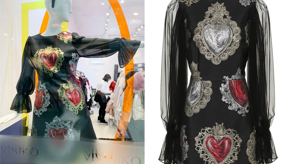 A "Dolce & Gabbana" dress at a store in Flushing (L), and the real thing, currently on sale for $1,533 at right.